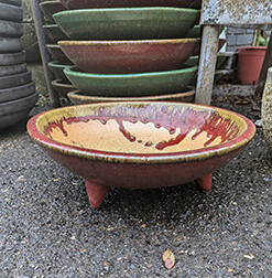 durable ourdoort ceramic garden pot planter low flat bowl in red or green glaze